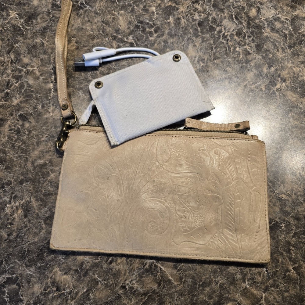 American Leather Company Beige Tooled‎ Zip Phone Power Charger Pouch Wristlet